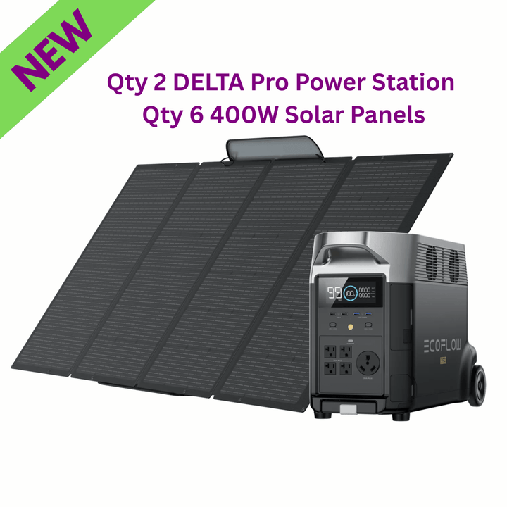 EcoFlow Qty 2 DELTA Pro Power Station with Qty 6 400W Solar Panels for renewable energy solutions.