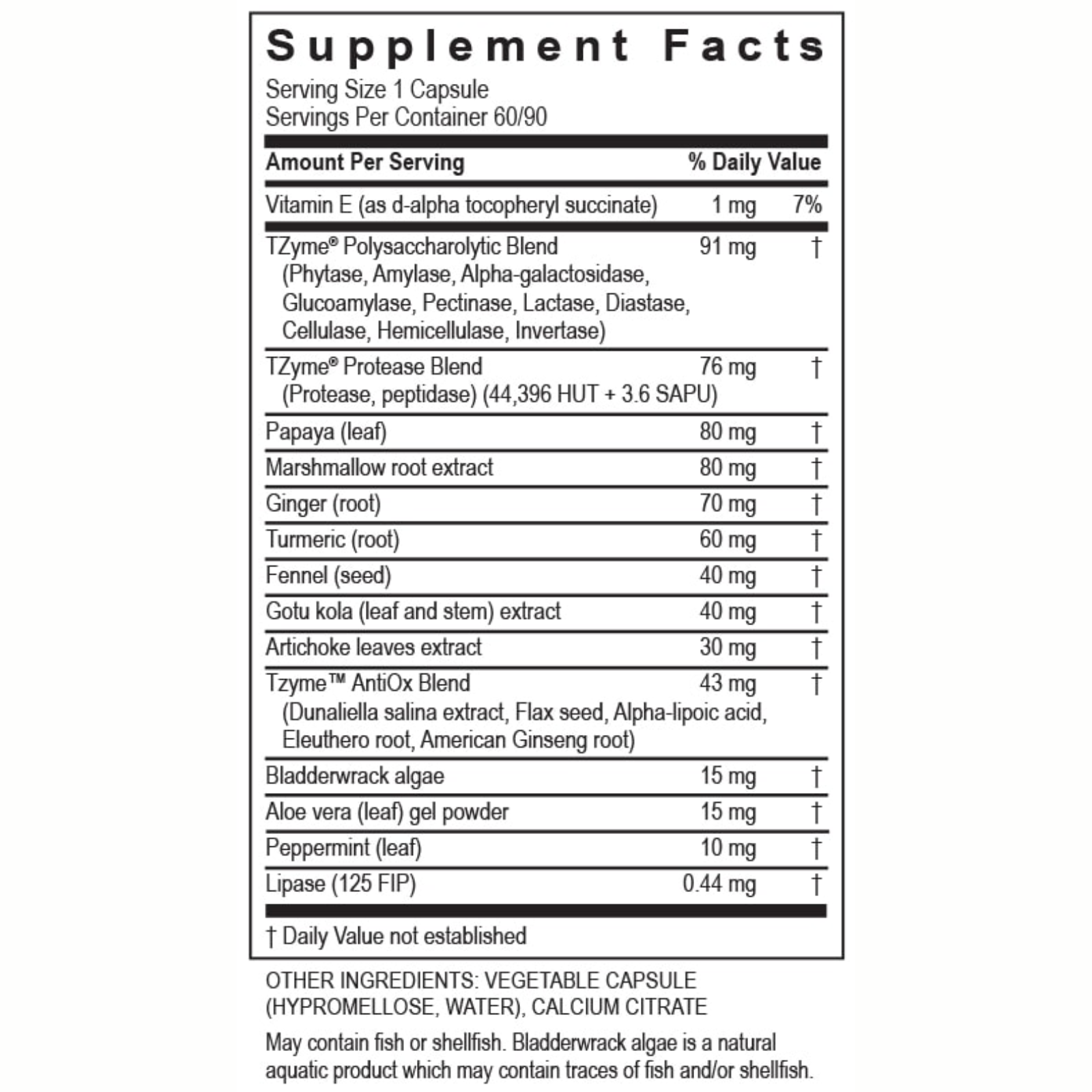 Supplement facts for Transformation Enzymes Gastro Aids Digestive and Gut Health showing ingredients and nutritional information.