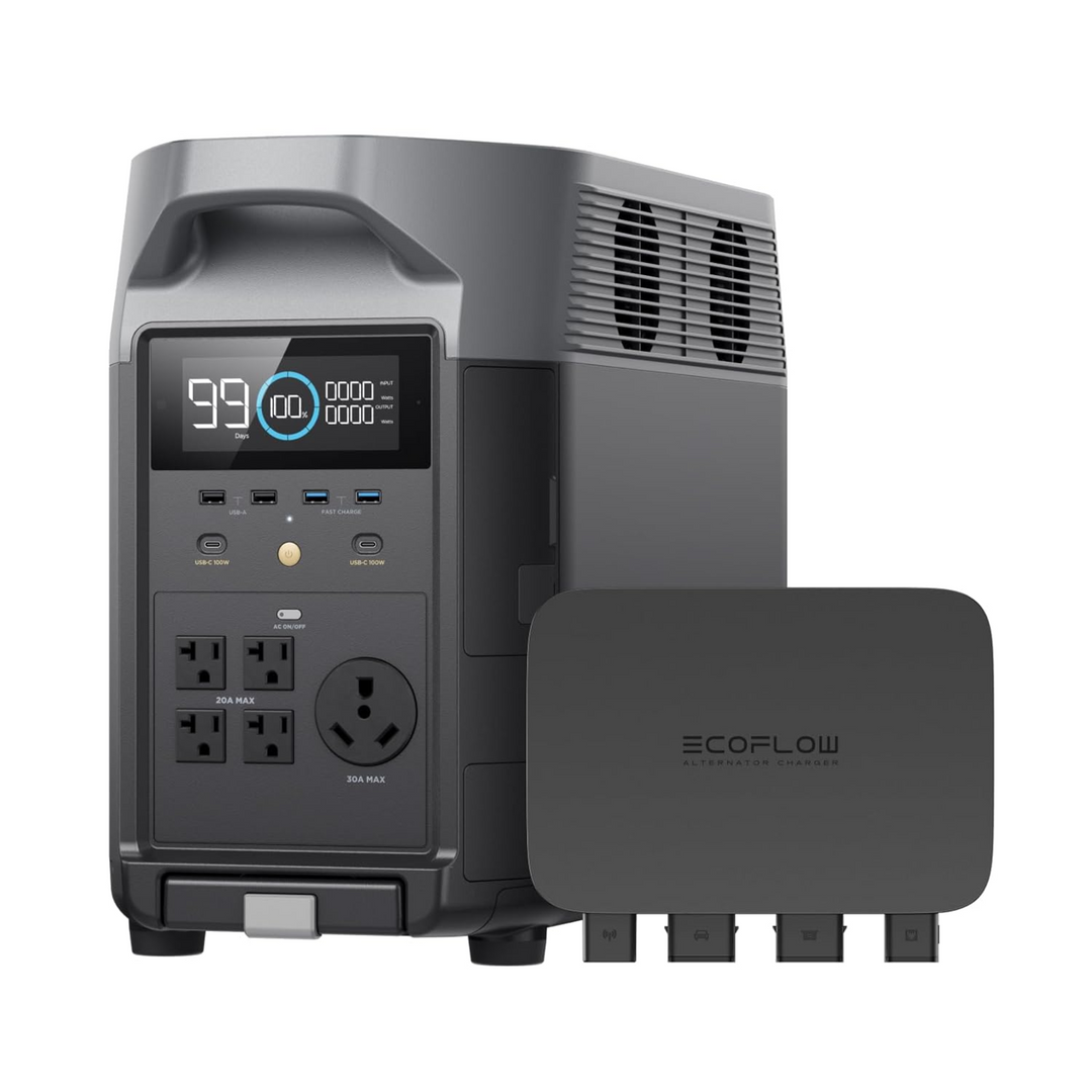 EcoFlow 800W Alternator + DELTA Pro Portable Power Station 12V with multiple ports and display.