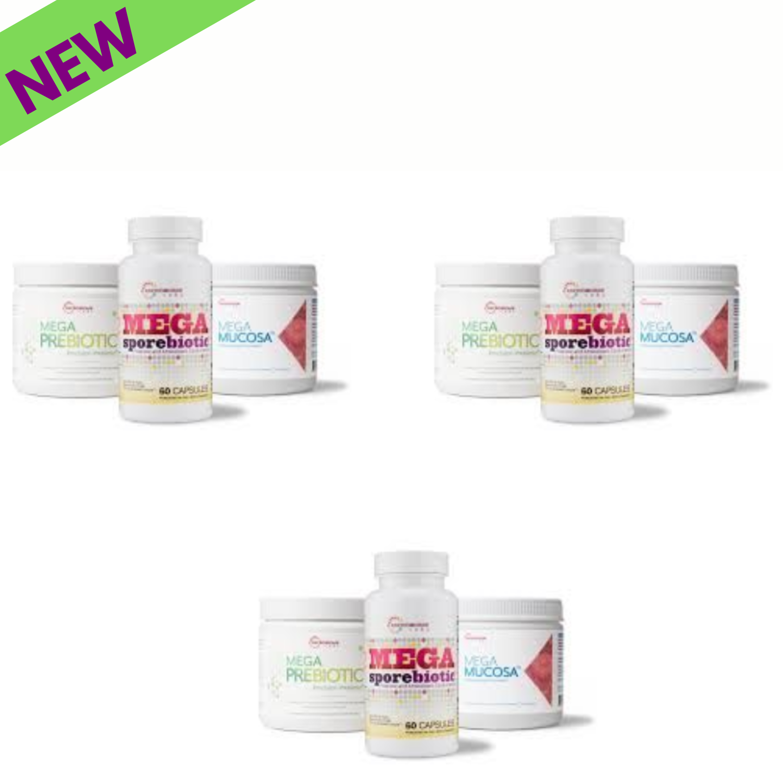Microbiome Labs Total Gut Restoration Program Kit 3 Products displayed on a white background with a 'NEW' label.