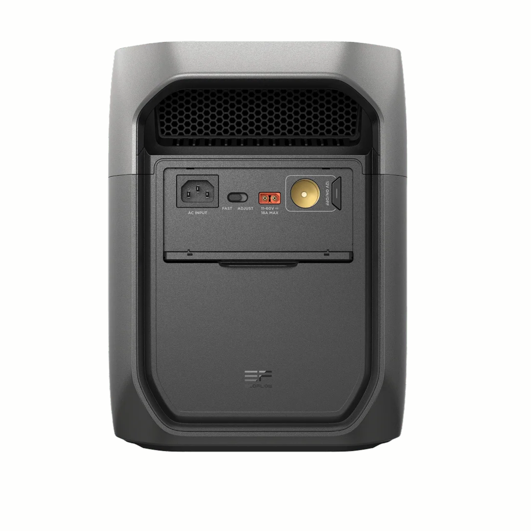 EcoFlow DELTA 3 Max Plus portable power station showing input and output ports for efficient power management.