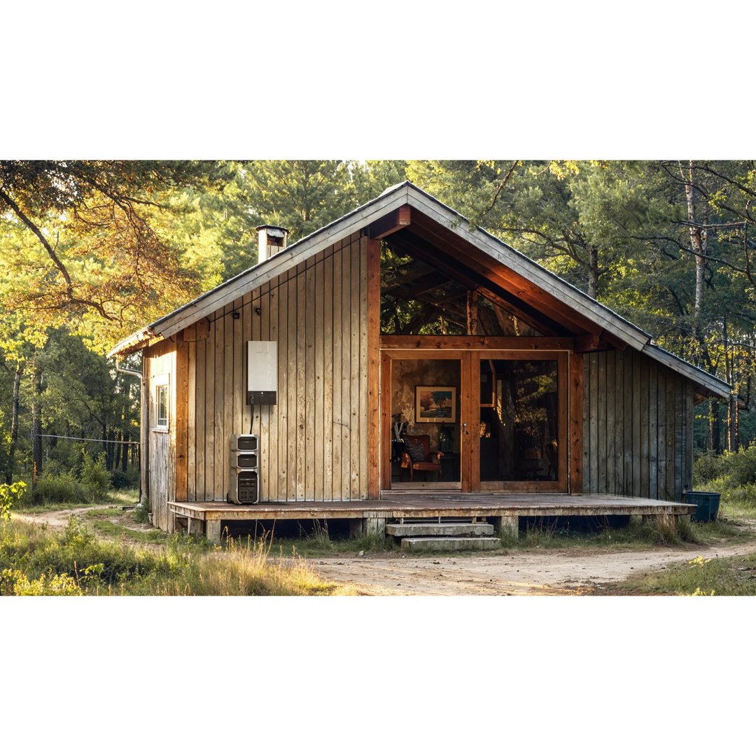 EcoFlow DELTA Pro 3 Solar Power Kit showcased on a charming wooden cabin in a forested setting.