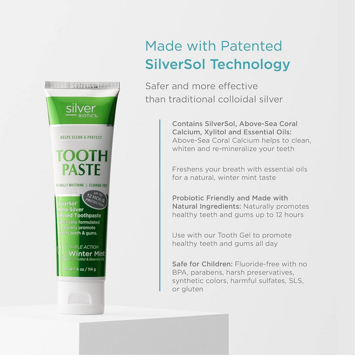 American Biotech Labs Silver Biotic Toothpaste tube with SilverSol Technology for effective oral hygiene.