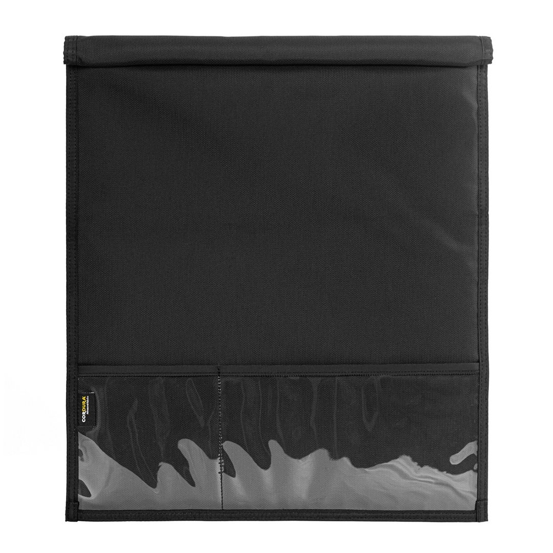 Faraday Jacket Pro Cordura laptop bag with magnetic closure, featuring a sleek black design and transparent pocket.