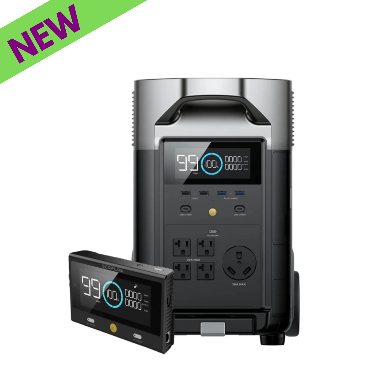 EcoFlow DELTA Pro 3600Wh Solar Portable Power Station + DELTA Pro Remote Control in sleek design with a 'NEW' banner.