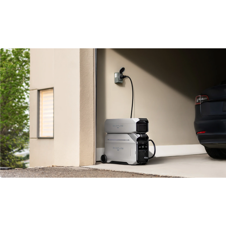 EcoFlow DELTA Pro 3 Solar Power Kit charging in a garage next to a vehicle.