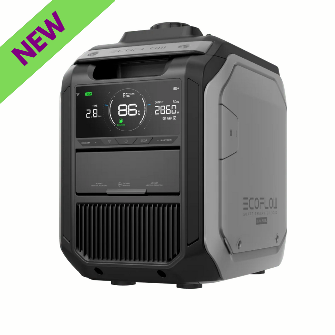 EcoFlow Smart Solar and Gas Generator 3000 Ultimate Backup Power Solution with display, showcasing new design and features.