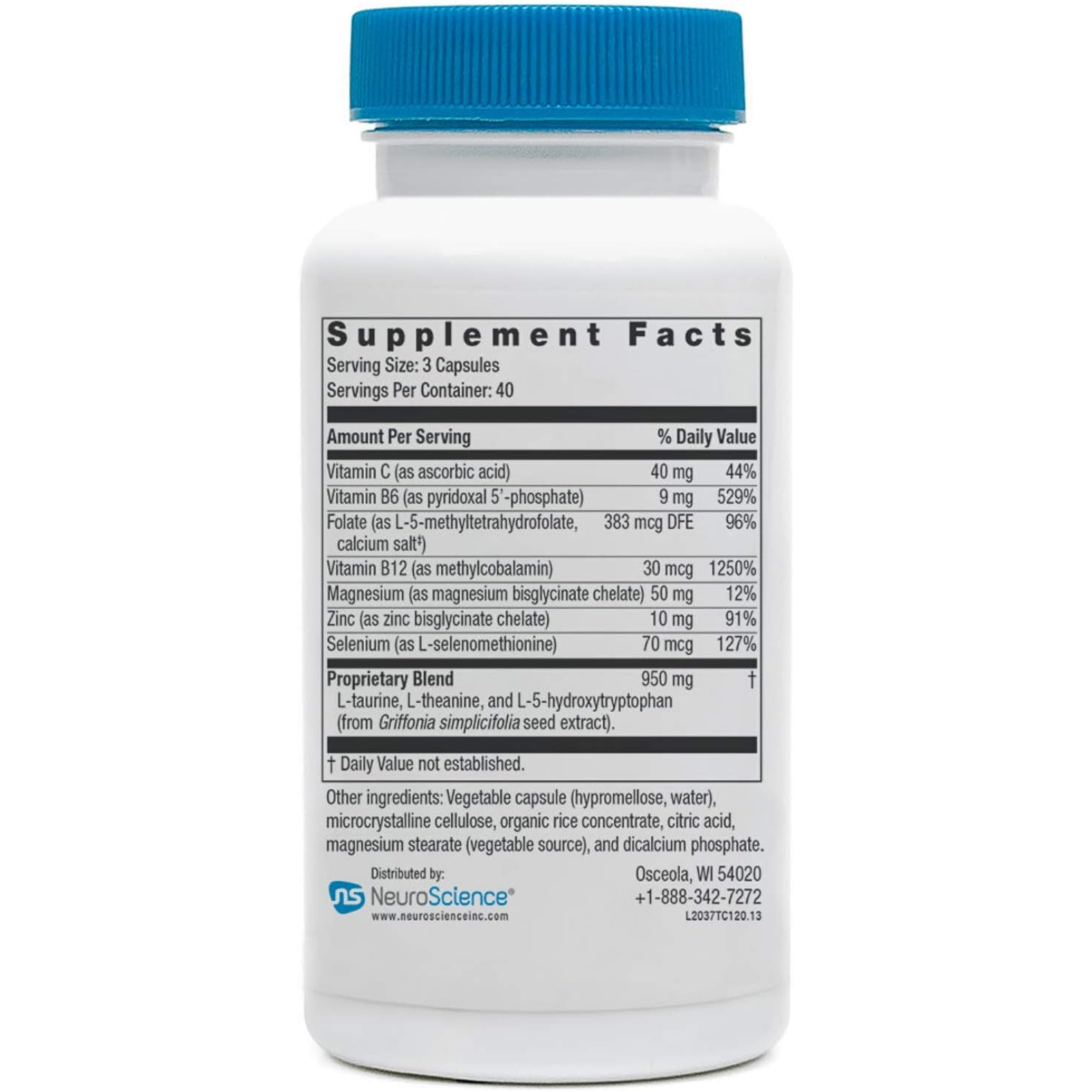 NeuroScience TravaCor supplement facts featuring key ingredients and nutritional information for mood balance.