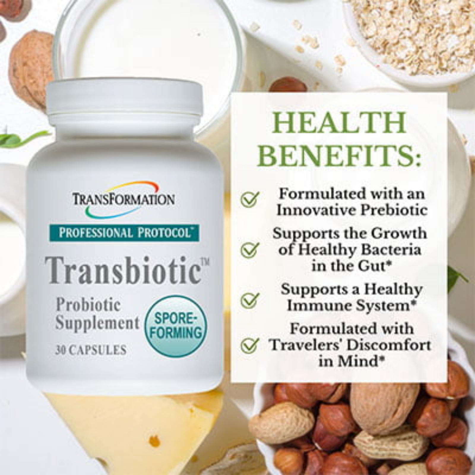 Transformation Enzymes Transbiotic probiotic supplement with health benefits for gut health in 30 capsules.