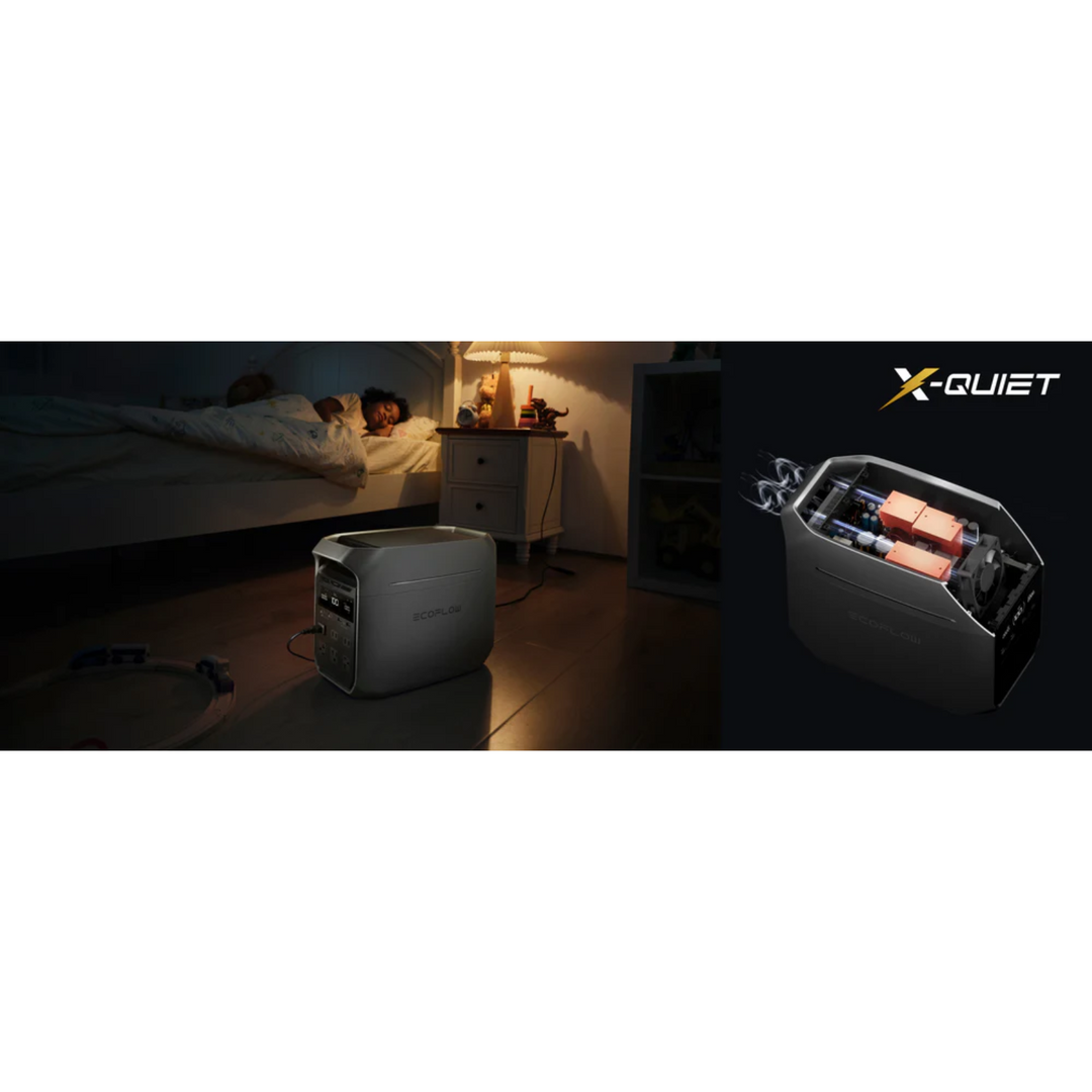 EcoFlow DELTA 3 Plus Power Station in a cozy bedroom setting with X-QUIET branding.