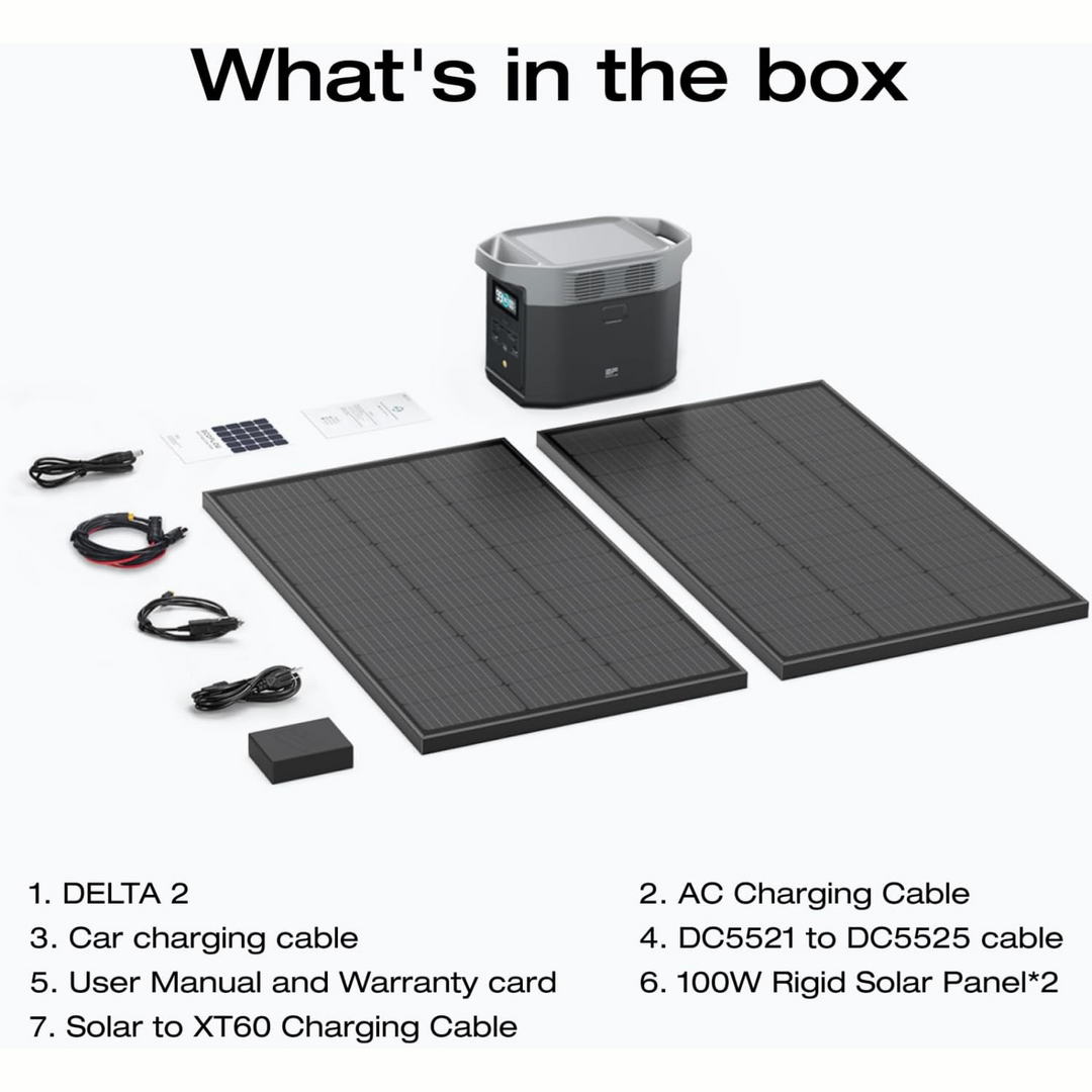 EcoFlow DELTA 2 Portable Power Station + QTY 2 100W Rigid 12V Solar Panels components displayed in the box.