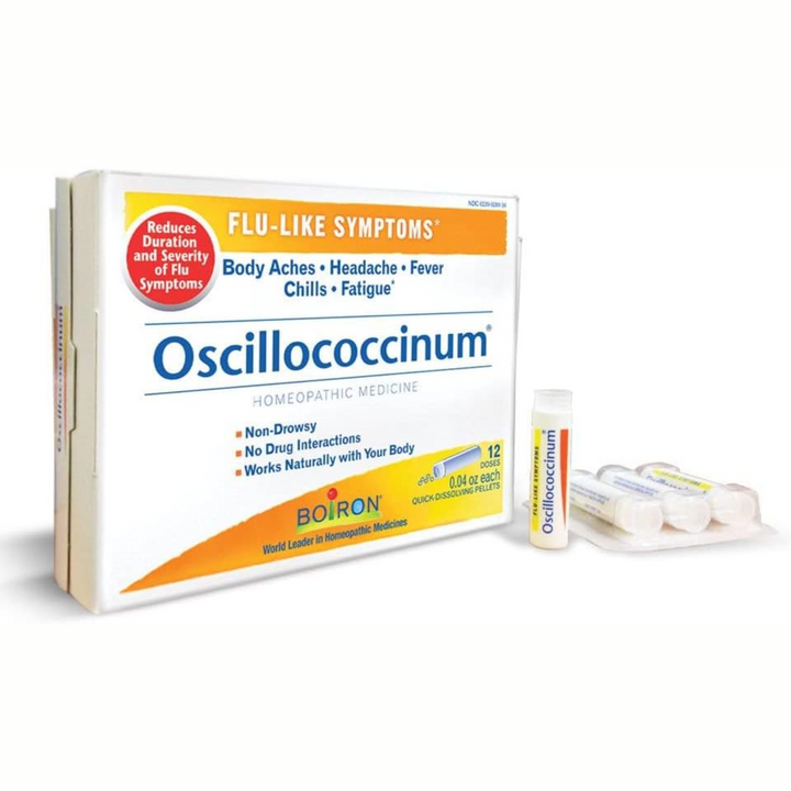 Boiron Laboratories Oscillococcinum 12 homeopathic medicine packaging for flu-like symptoms relief.