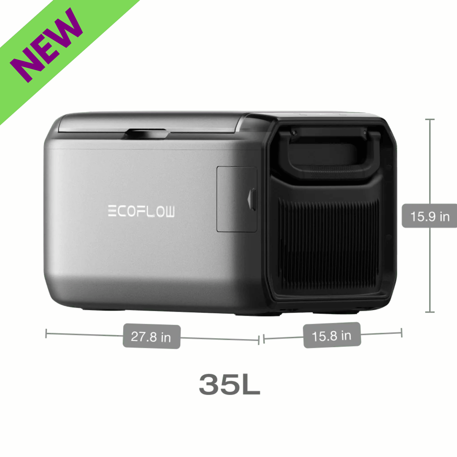 EcoFlow GLACIER Classic 35L Portable Fridge Freezer Without Plug-in Battery with dimensions and new tag