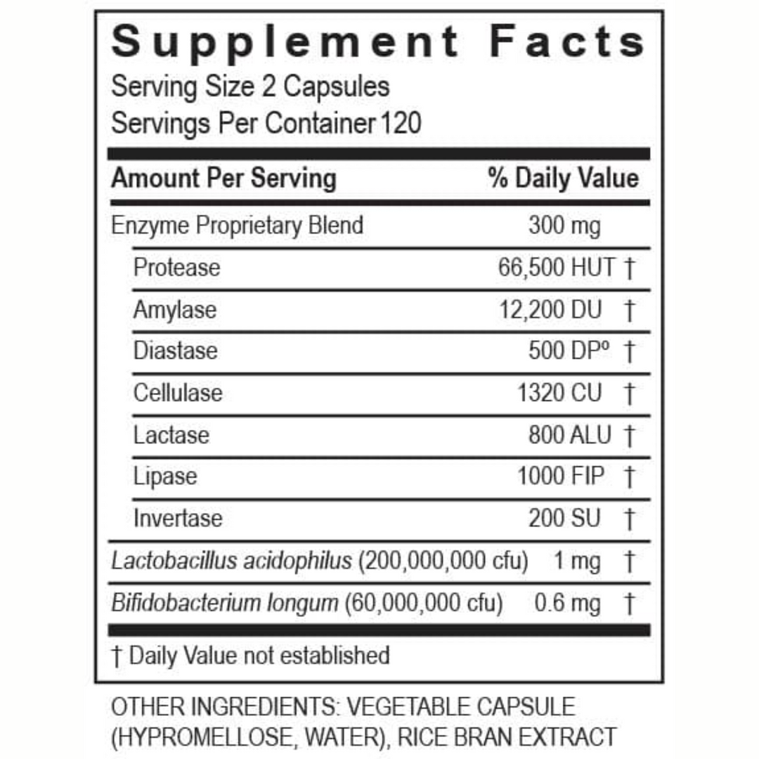 Transformation Enzymes DigestZyme Supplement Facts showing enzyme proprietary blend and dosage details for 120 capsules.