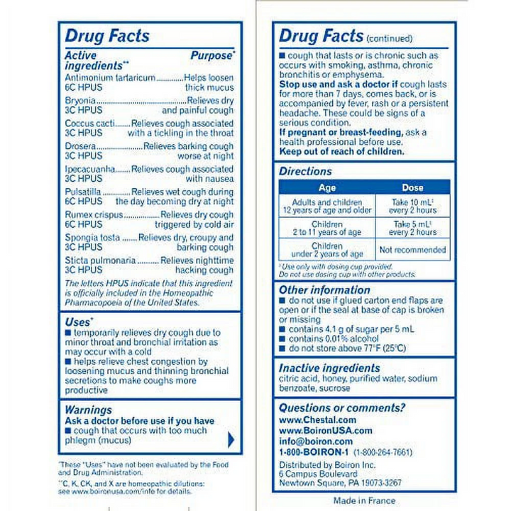 Drug facts and directions for Boiron Laboratories Chestal Homeopathic Cough Syrup 8.45 Oz, including ingredients and dosage information.