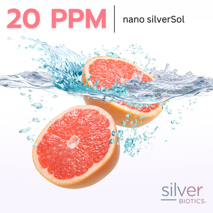 20 PPM nano silverSol with grapefruit slices surrounded by water, highlighting American Biotech Labs Silver Hand and Body Lotion Grapefruit.