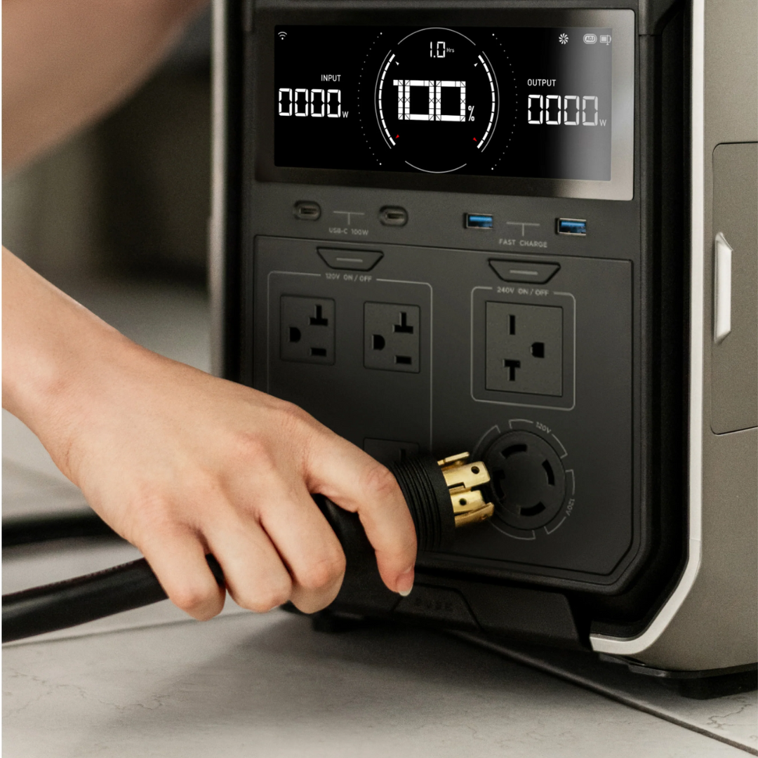 EcoFlow DELTA Pro 3 LFP Smart Extra Battery Plug and Play Powerful Long-Lasting connection interface with charging cable.