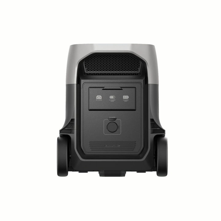 EcoFlow DELTA 3 ULTRA PLUS With 400W Solar Panel 3072Wh rear view showcasing power ports and wheels