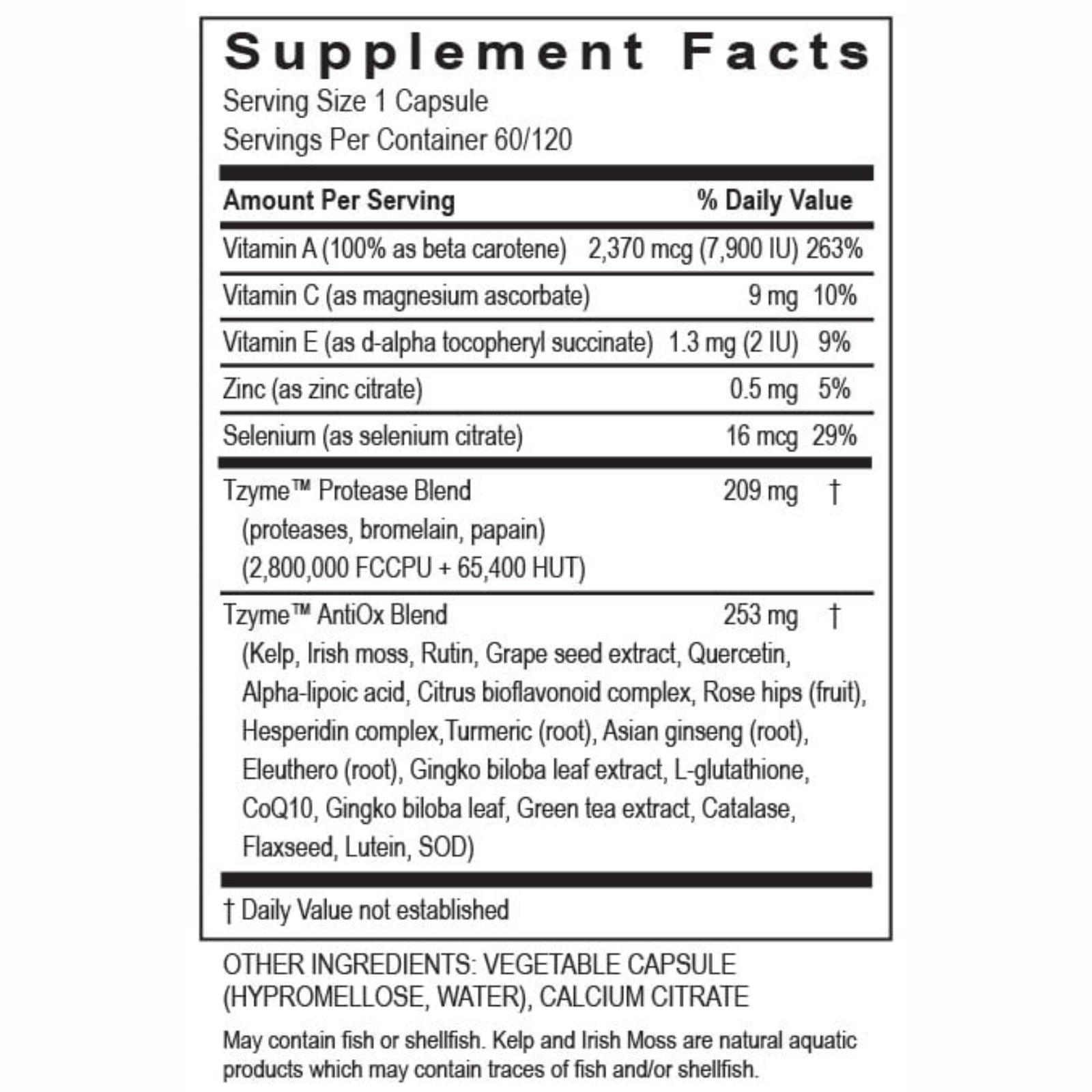 Supplement Facts for Transformation Enzymes Protease IFC containing vitamins, minerals, and enzyme blends for muscle support.