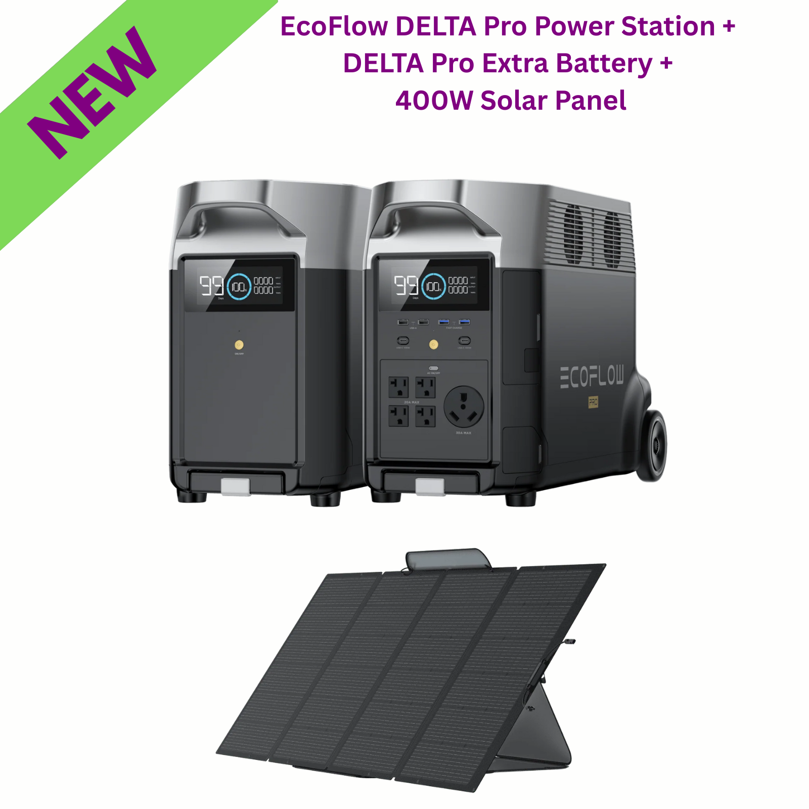 EcoFlow DELTA Pro + DELTA Pro Extra Battery + 400W Solar Panel for expandable backup power and efficient energy.