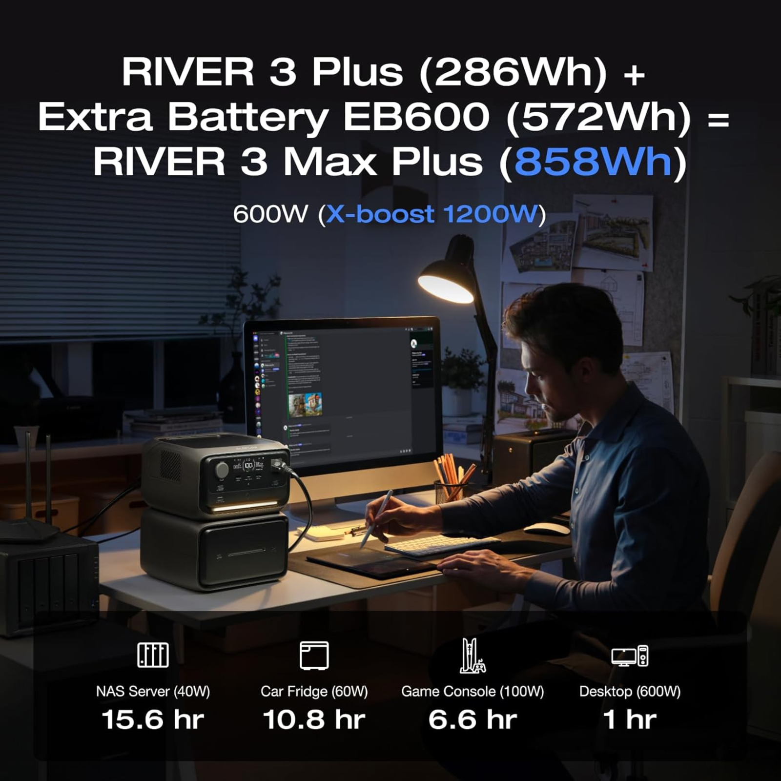 EcoFlow River 3 Plus Power Station 286Wh with Extra Battery 572Wh for total of 858Wh in a workspace setting.