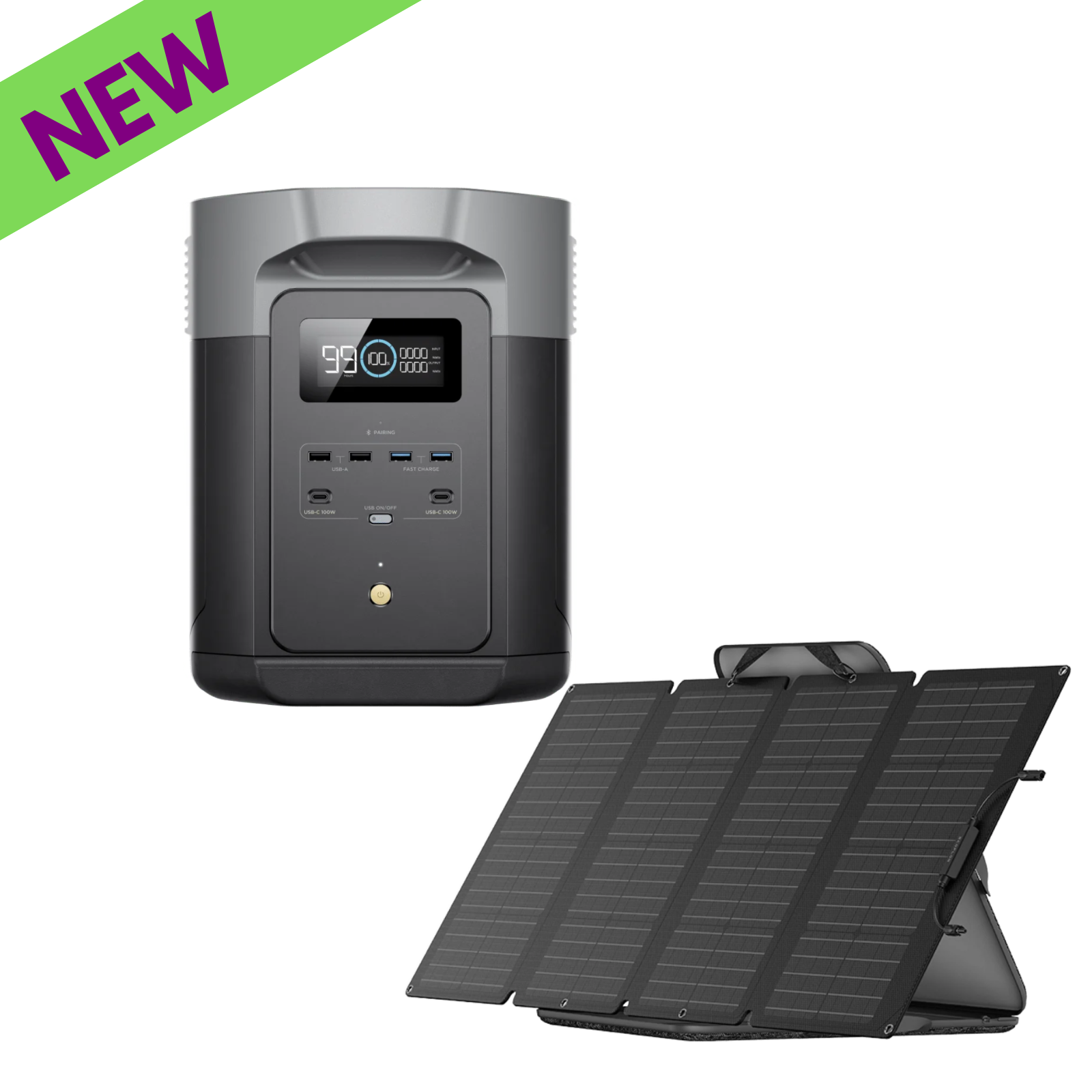 EcoFlow DELTA 2 Max Portable Power Station + One 160W Portable Solar Panel with display and solar panels.