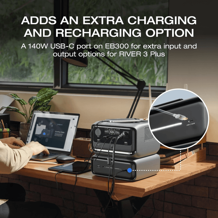 EcoFlow RIVER 3 Plus Extra Battery EB300 286Wh Expansion LiFePO4 Power Supply with 140W USB-C charging option.