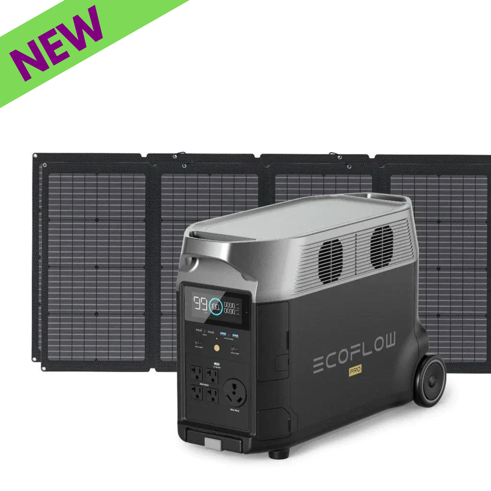 EcoFlow DELTA Pro 3600W Portable Power Station With Two 220W Solar Panels on display with a new tag.