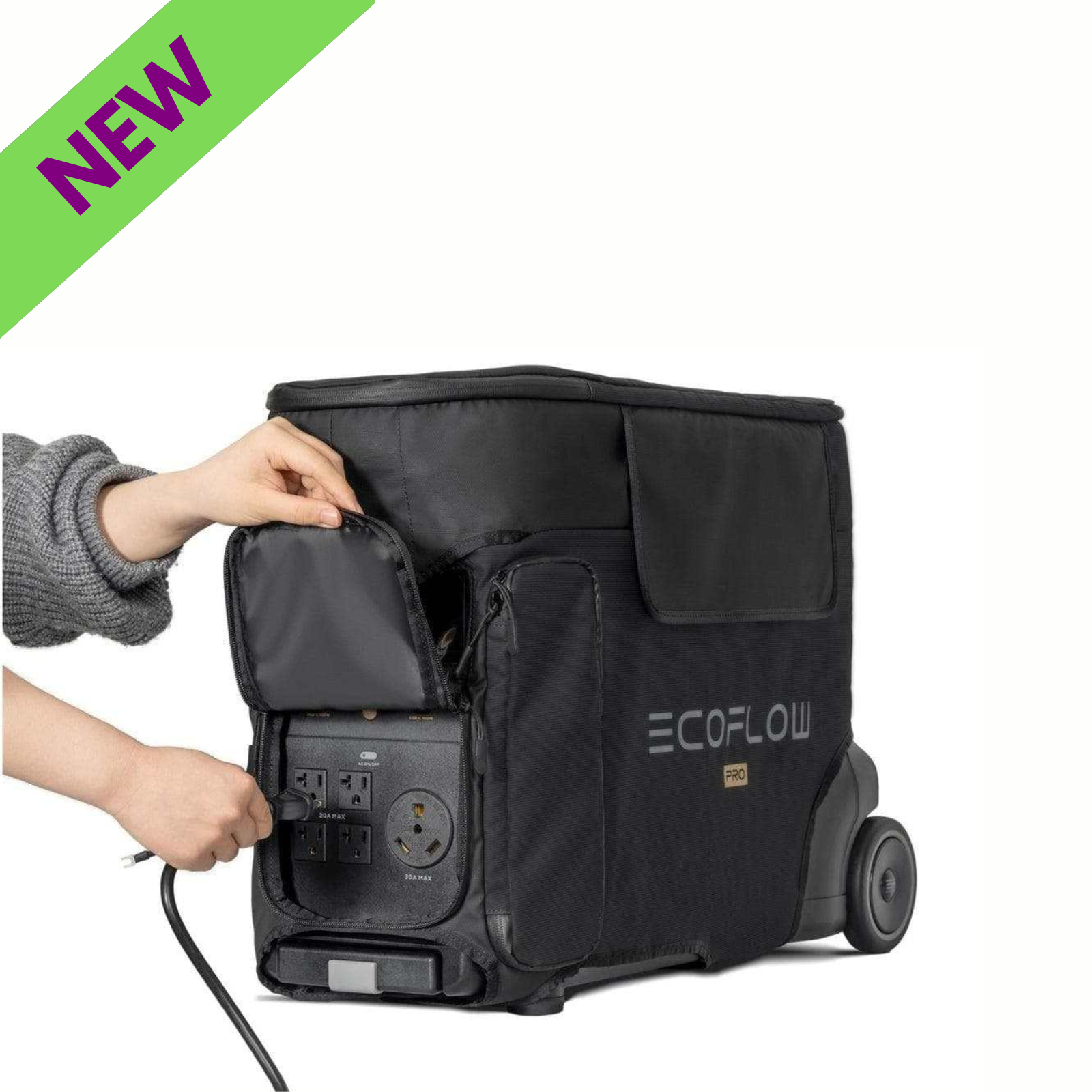 EcoFlow DELTA Pro Bag Waterproof Durable Protective Cover For Outdoor Use, showcasing a hand accessing the storage.