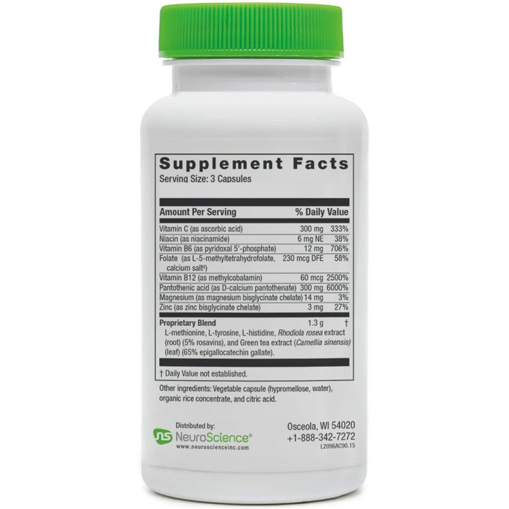 NeuroScience AdreCor Adrenal Energy Support supplement facts label for cognitive function and energy support.