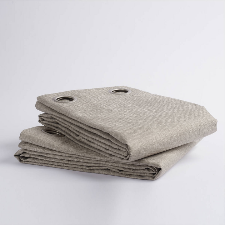 Faraday MAX Blackout CYBER Fabric RF EMF Shielding Curtains stacked and folded with grommets.