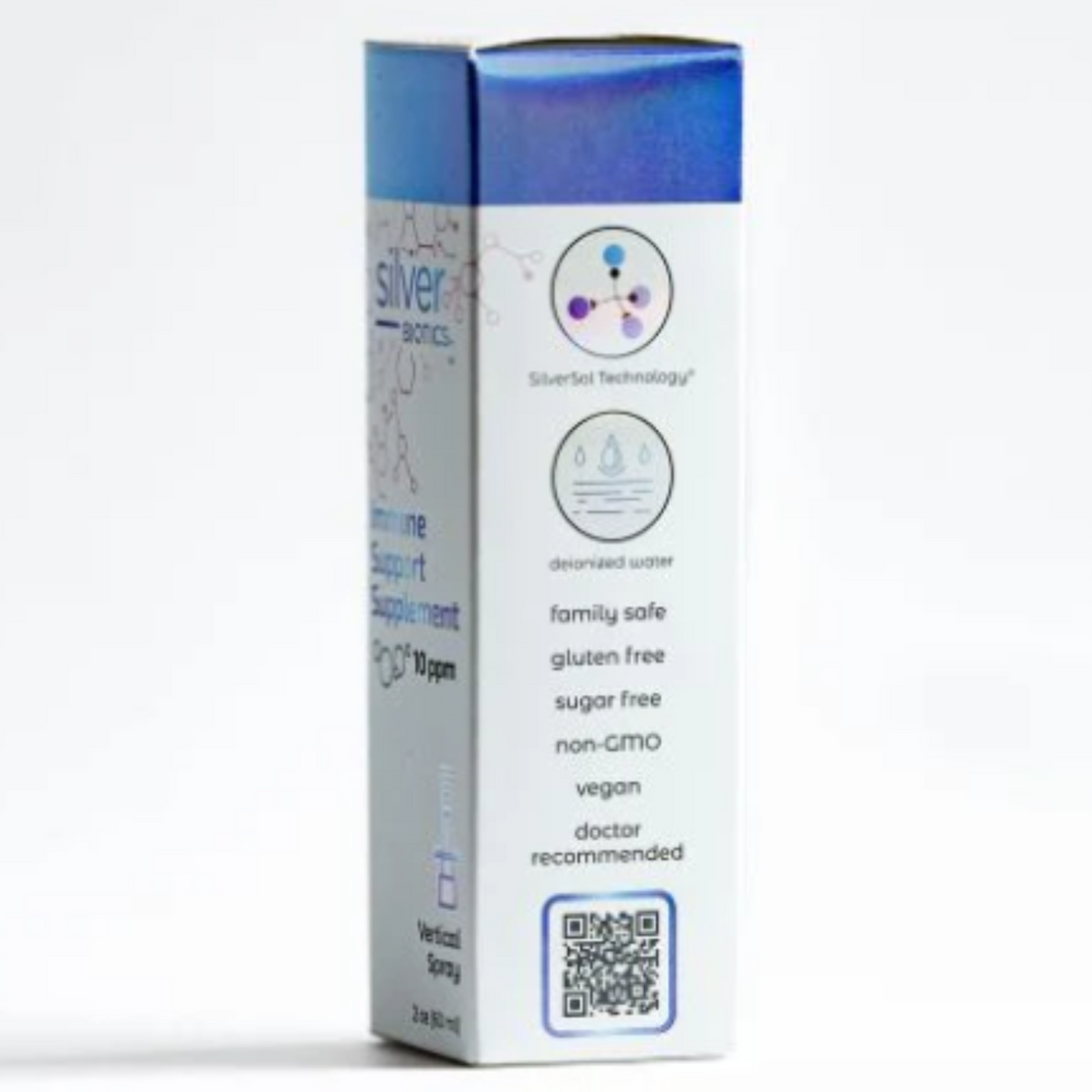 American Biotech Labs Silver Biotics Nasal Spray 20ppm SilverSol 2Oz packaging with immune support information.