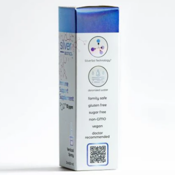 American Biotech Labs Silver Biotics Nasal Spray 20ppm SilverSol 2Oz packaging with immune support information.