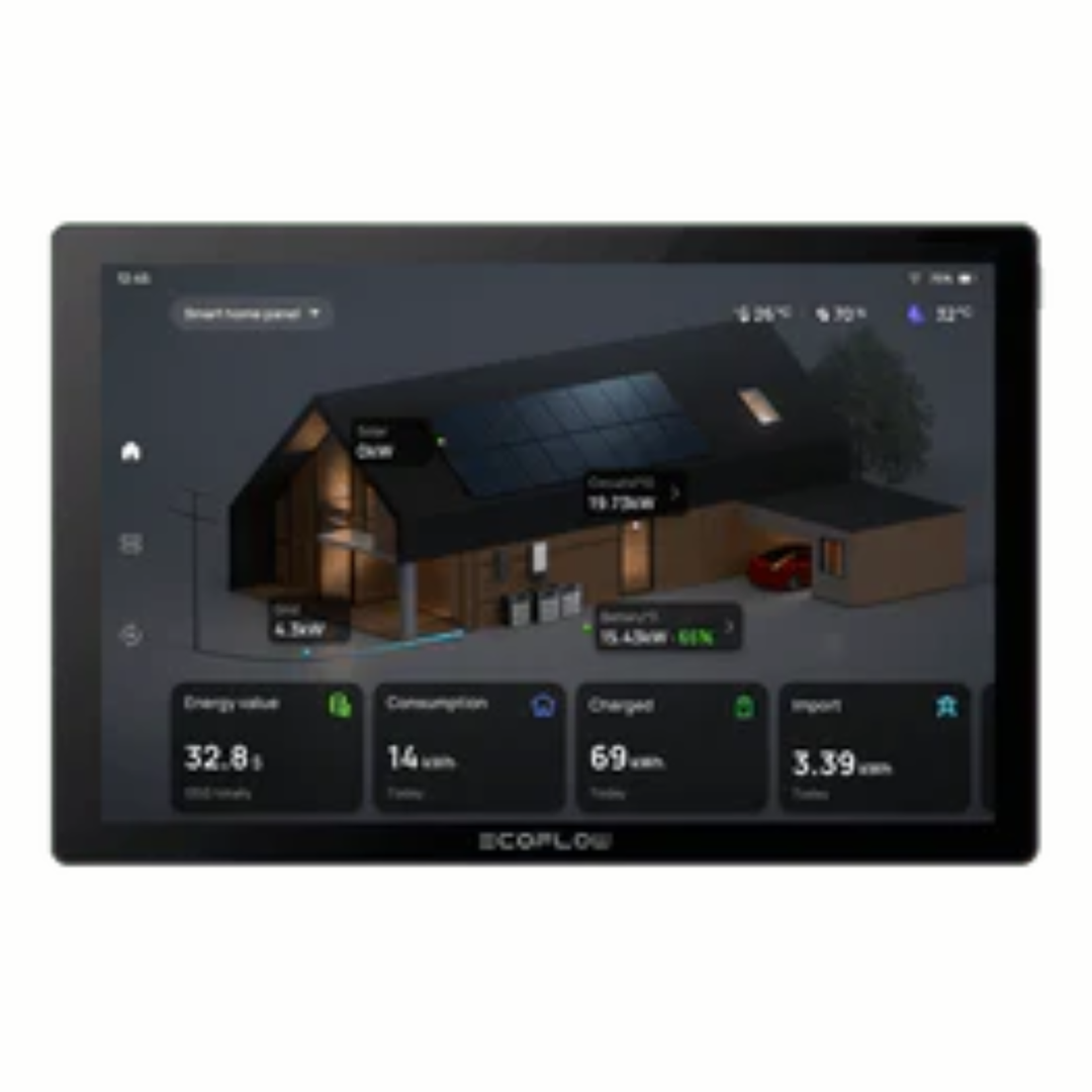 EcoFlow DELTA Pro 3 Portable Power Station display showing home energy management features and solar panel statistics.