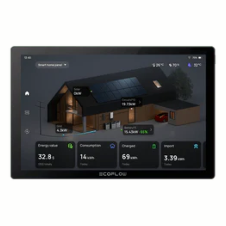 EcoFlow DELTA Pro 3 Portable Power Station display showing home energy management features and solar panel statistics.
