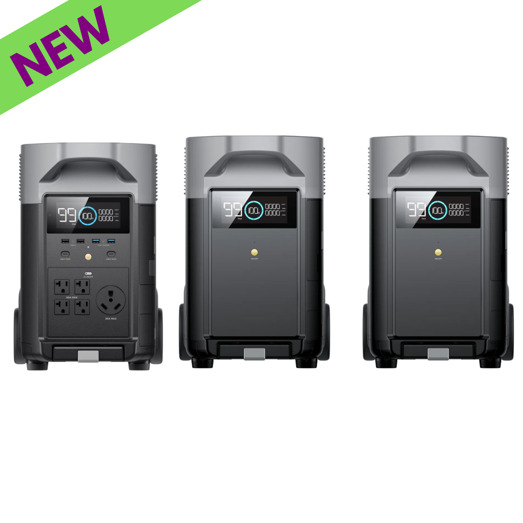 EcoFlow Delta Pro + 2 Extra Batteries: Powerful 7200W Backup Solution for Any Need, showcasing three views of the device.