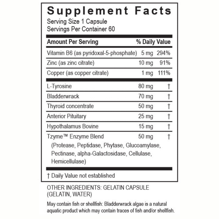 Transformation Enzymes Thyroid Complex Supplement Facts showing ingredients and nutritional information for 60 capsules.