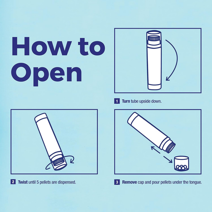 Instructions for opening Boiron Laboratories Arnica Montana 30C tube, showing steps to dispense pellets.
