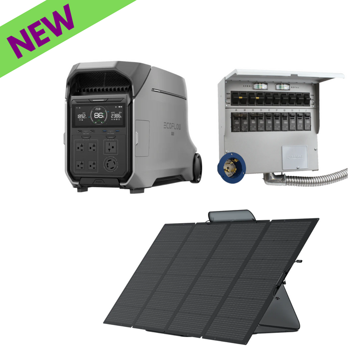 EcoFlow DELTA Pro 3 with 400W Solar Panel and Transfer Switch A510A, showing innovative power features and solar panel.