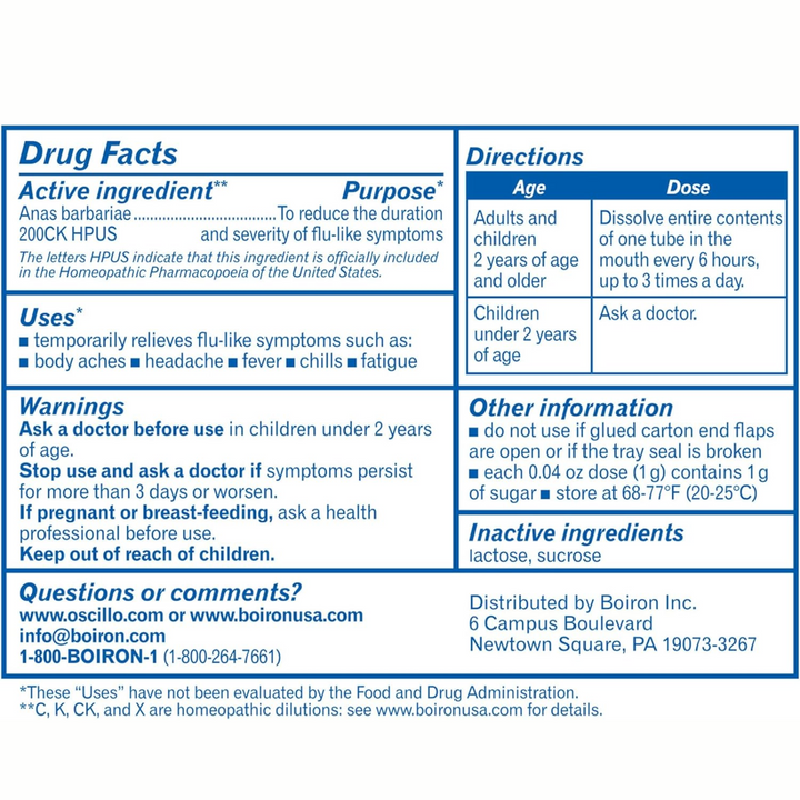 Boiron Laboratories Oscillococcinum 12 drug facts and directions for flu-like symptoms relief.