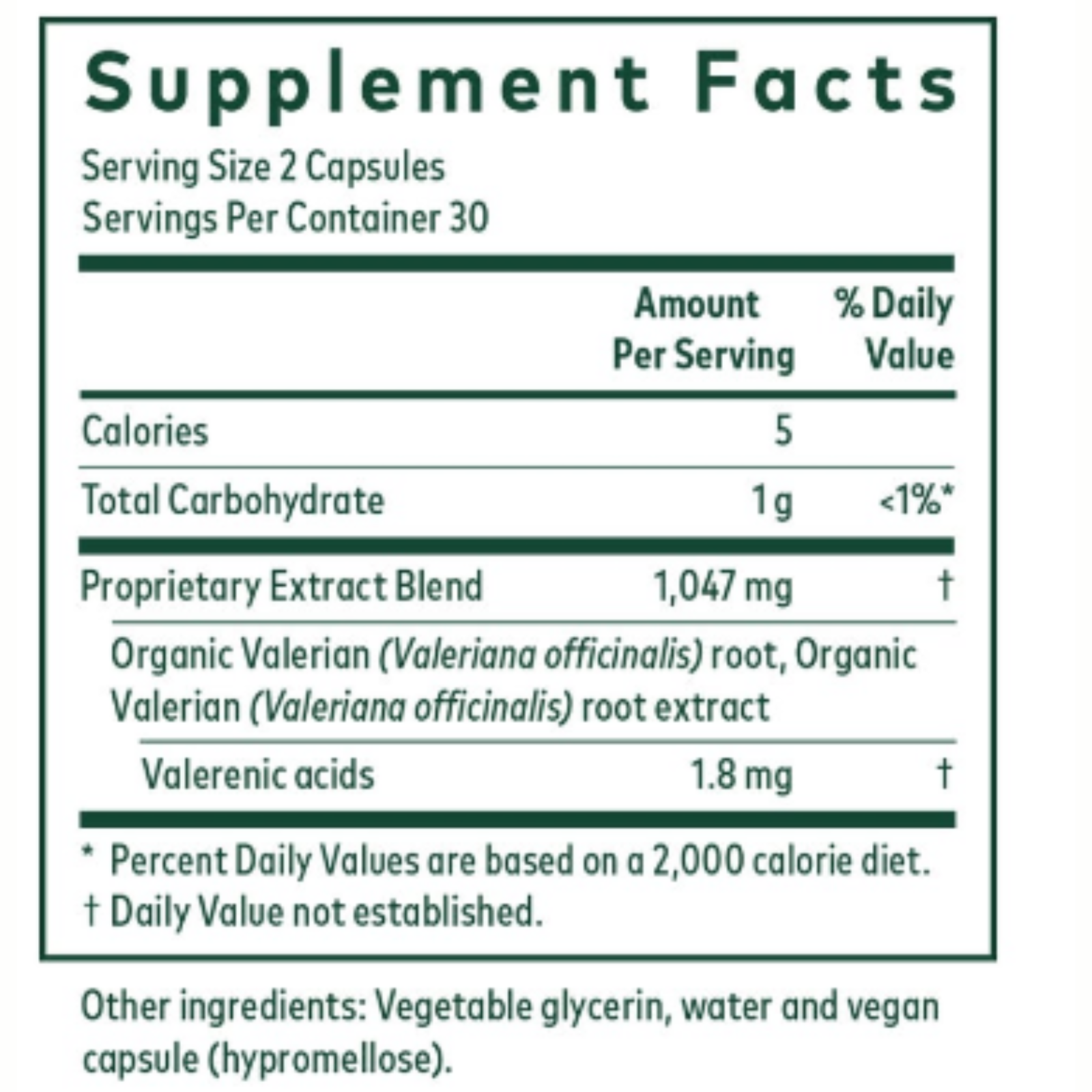 Supplement Facts for Gaia Herbs Pro Valerian Restful Sleep Support showing serving size, calories, and ingredients.