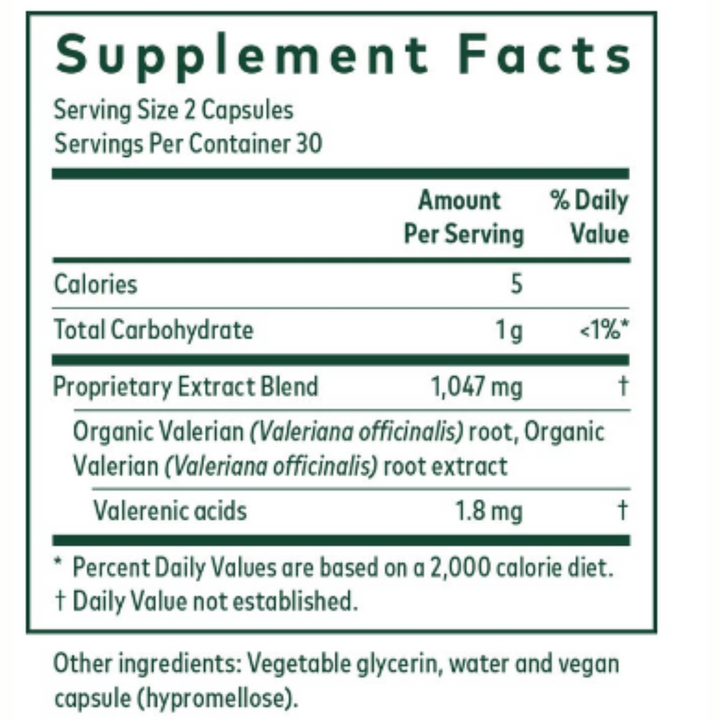 Supplement Facts for Gaia Herbs Pro Valerian Restful Sleep Support showing serving size, calories, and ingredients.