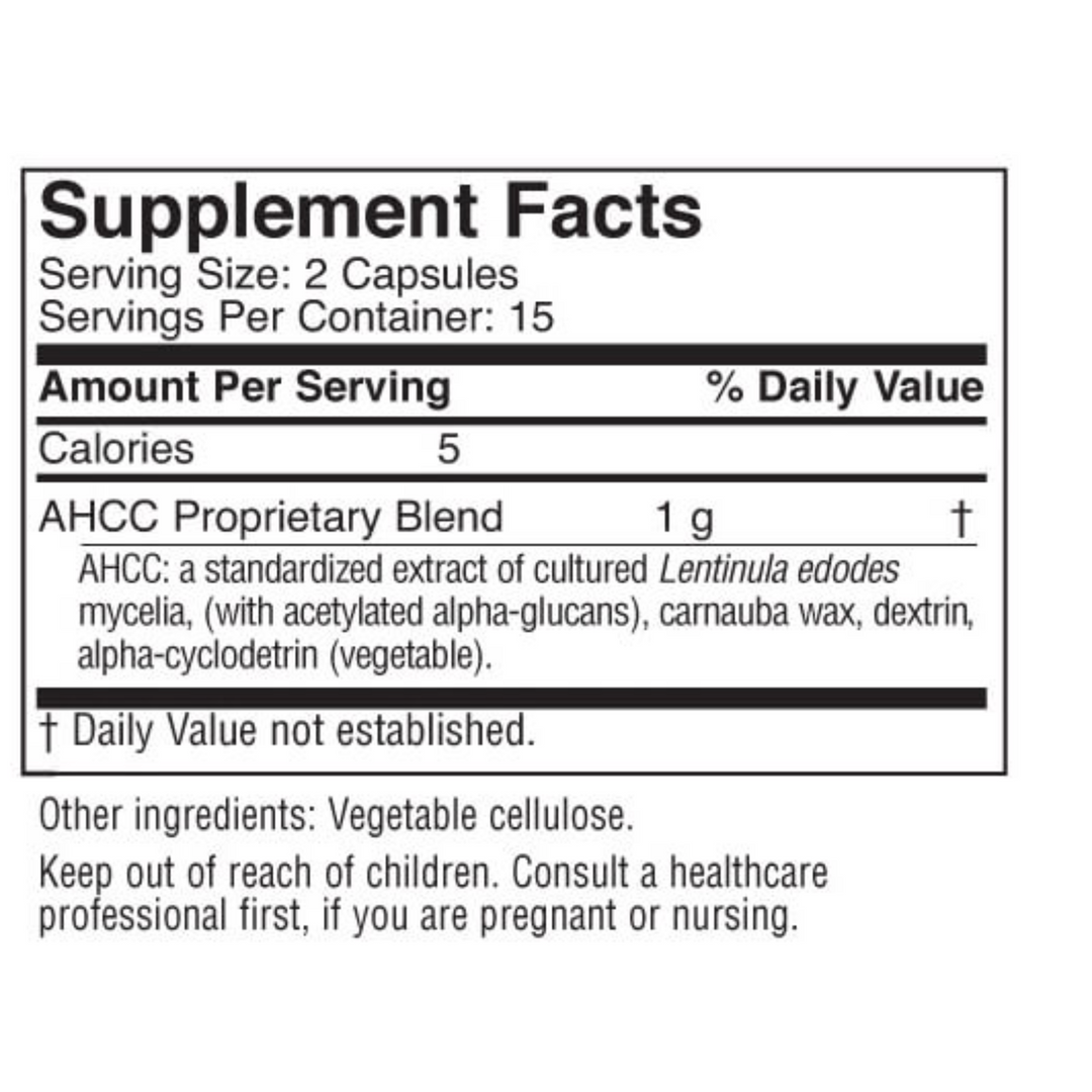 Supplement facts for American Biosciences Immpower ER AHCC 60 Caps including serving size, calories, and proprietary blend.