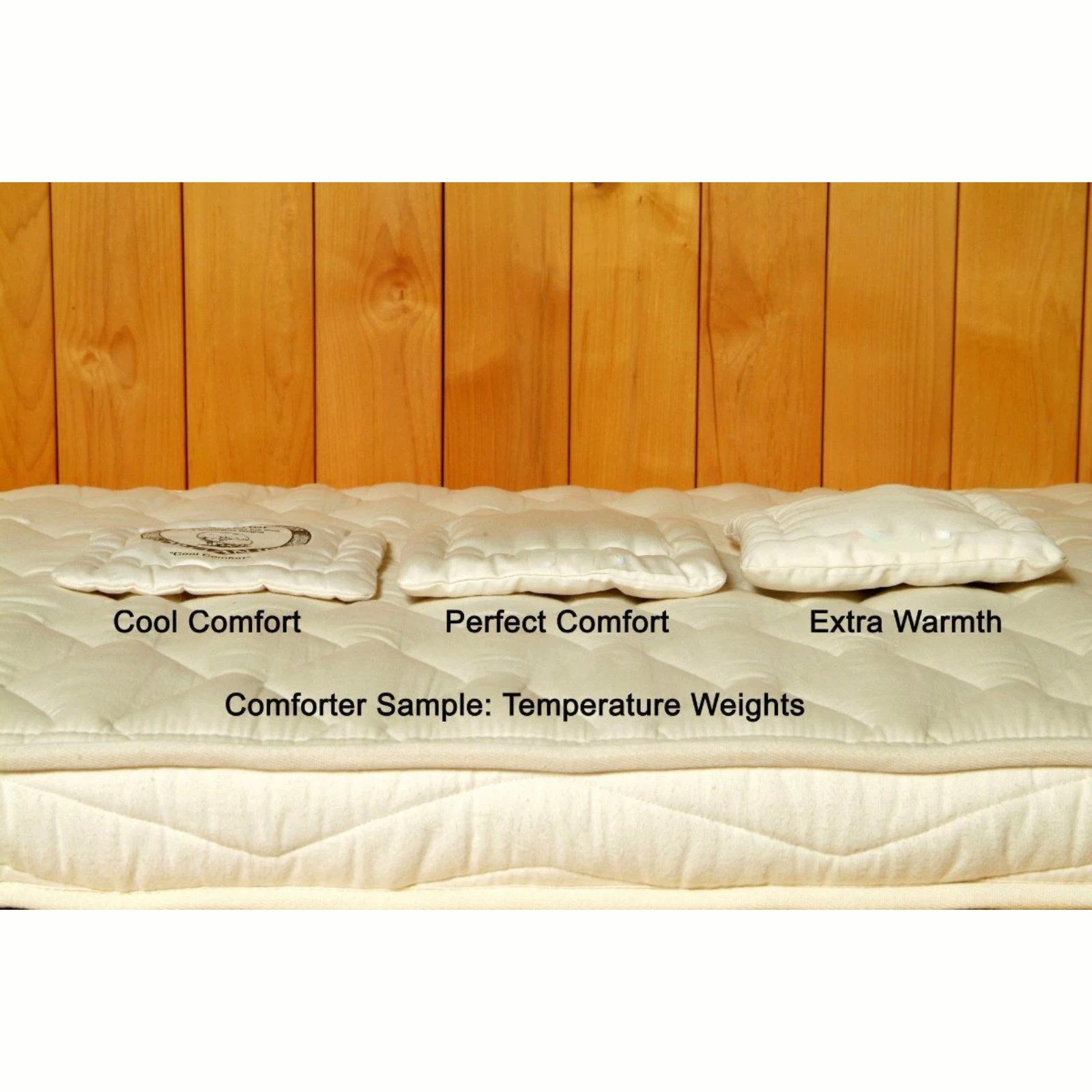Holy Lamb Wool Comforter sample showcasing Cool Comfort, Perfect Comfort, and Extra Warmth options on a mattress.