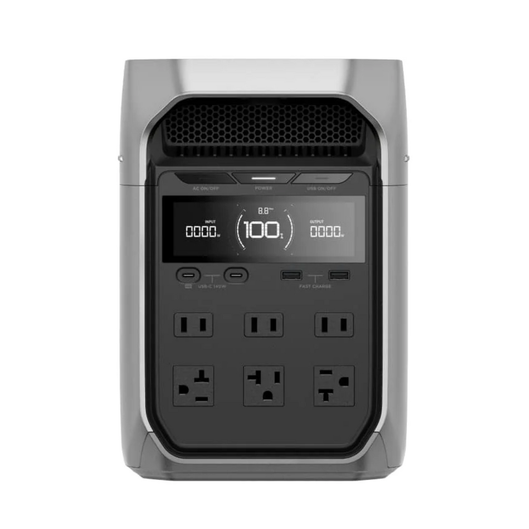 EcoFlow DELTA 3 Plus Power Station portable power hub with multiple outlets and LCD display for charging devices.