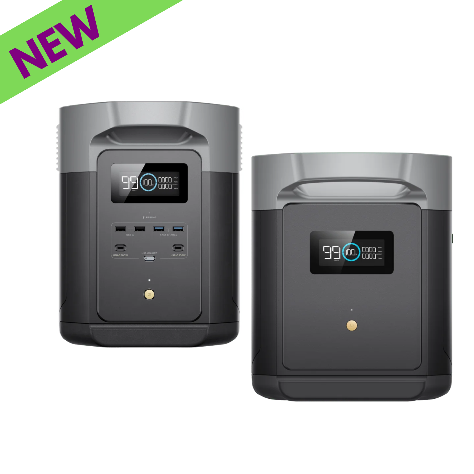 EcoFlow DELTA 2 Max Power Station with Smart Extra Battery displayed from front and side angles