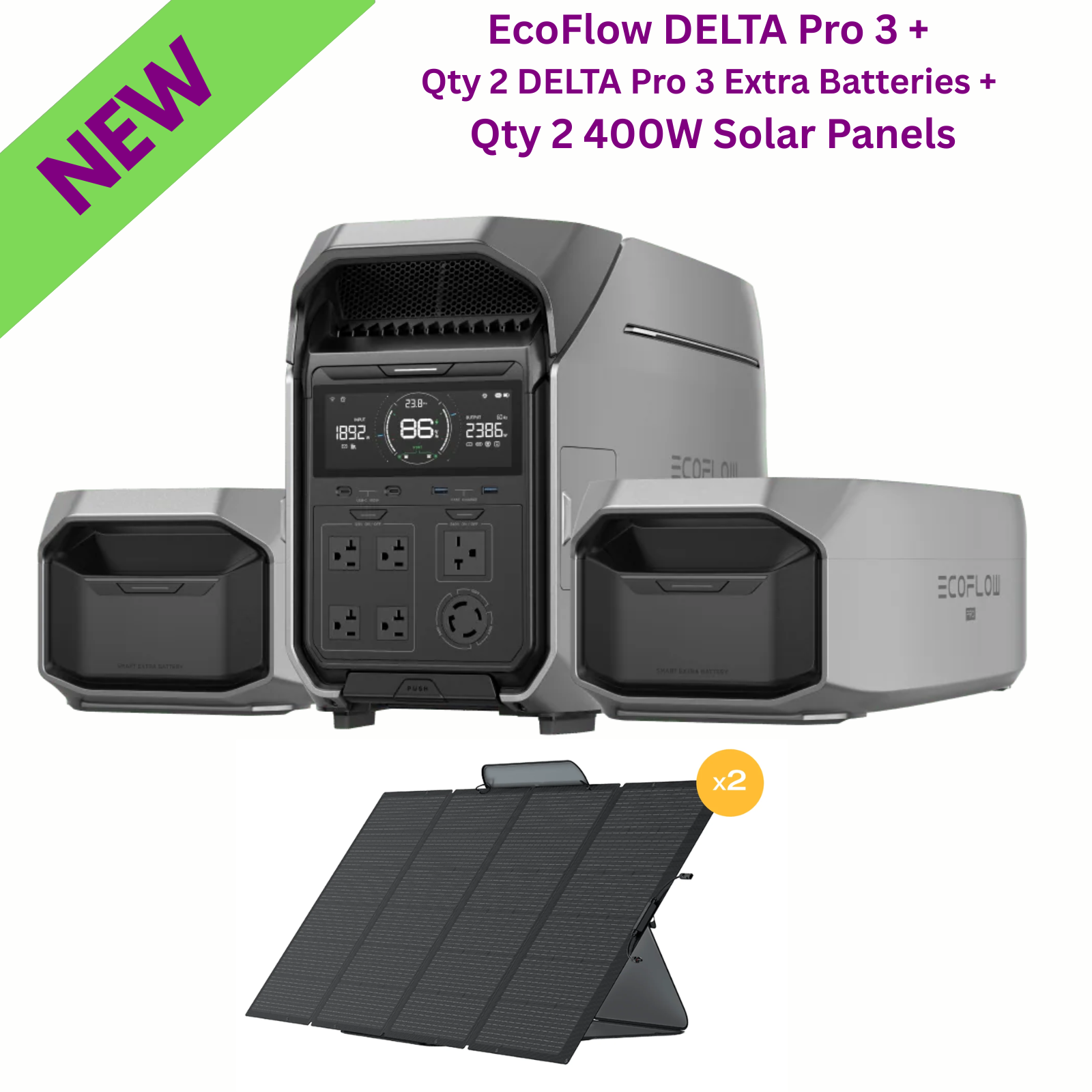 EcoFlow DELTA Pro 3 with 2 DELTA Pro 3 Extra Batteries and 2 400W Solar Panels showcased for fast ocean service.