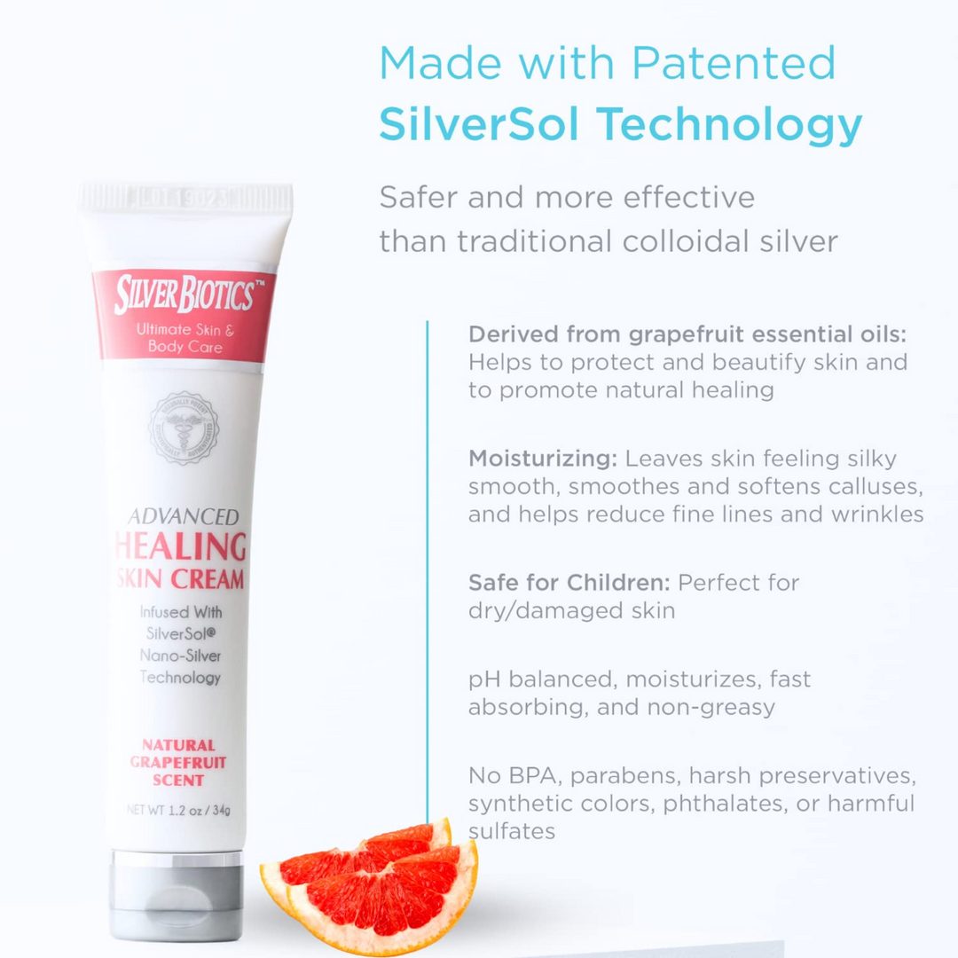 American Biotech Labs Silver Hand and Body Lotion Grapefruit tube with grapefruit and text describing benefits.