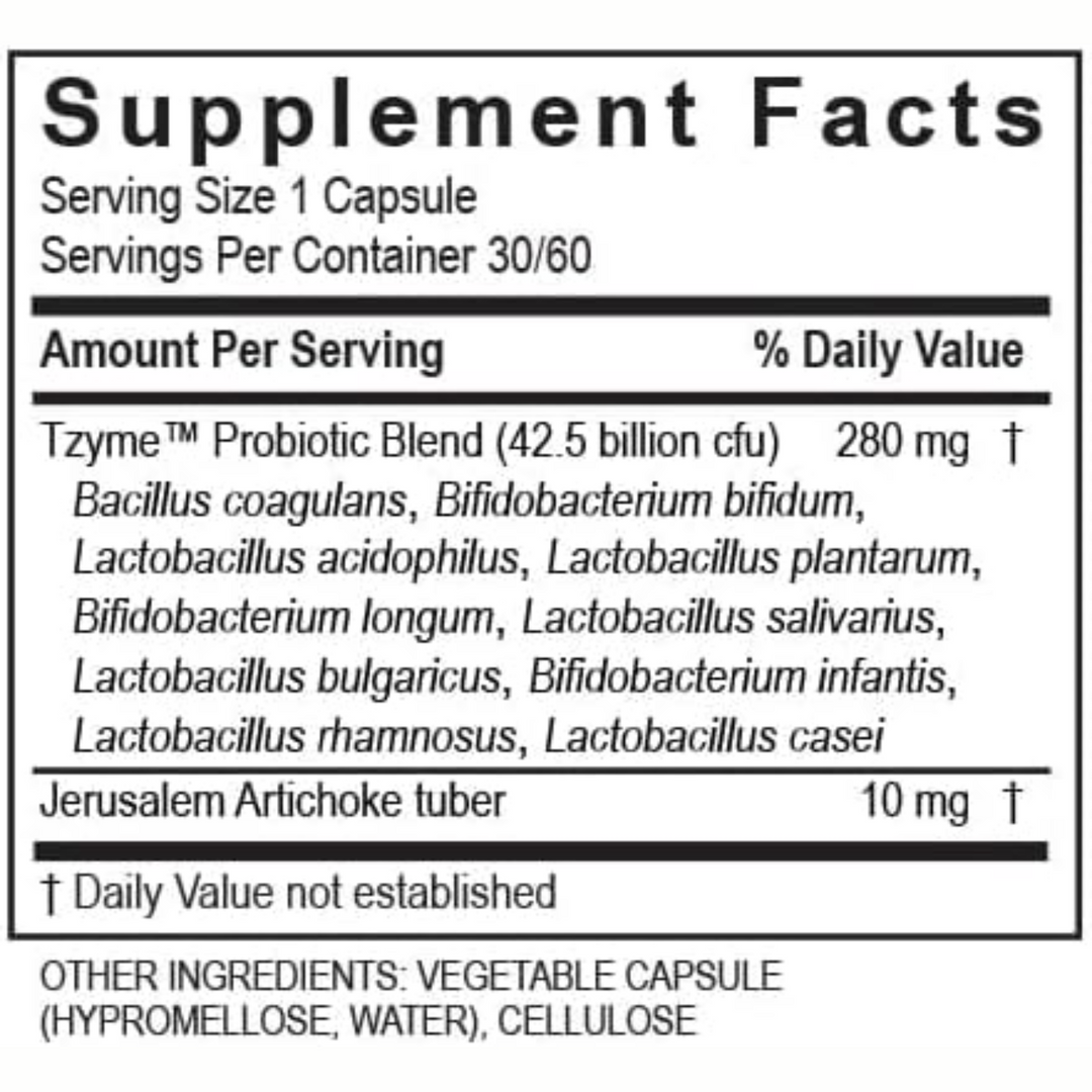 Transformation Enzymes Probiotic 42.5 Supplement Facts label with probiotic and prebiotic ingredient details.