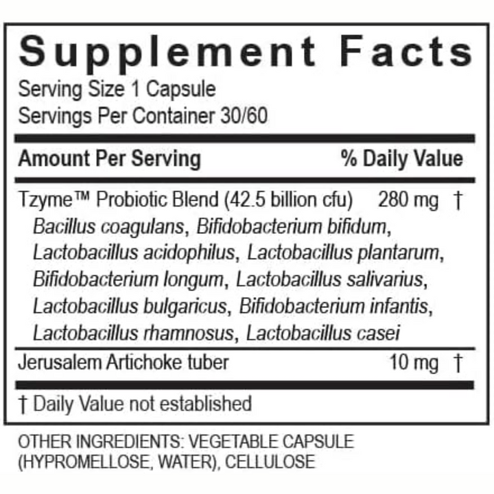 Transformation Enzymes Probiotic 42.5 Supplement Facts label with probiotic and prebiotic ingredient details.